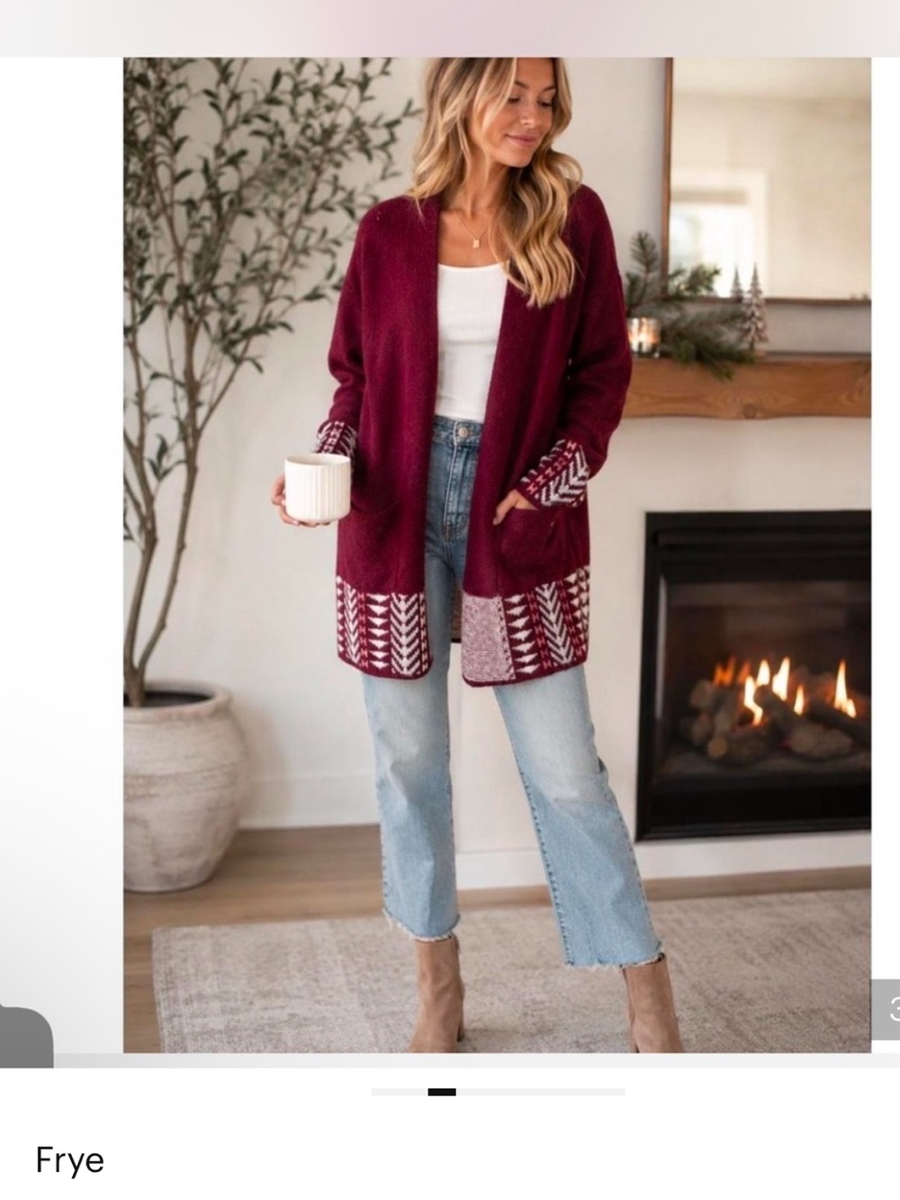 Frye Burgundy Open-Front Cardigan with Patterned Hem